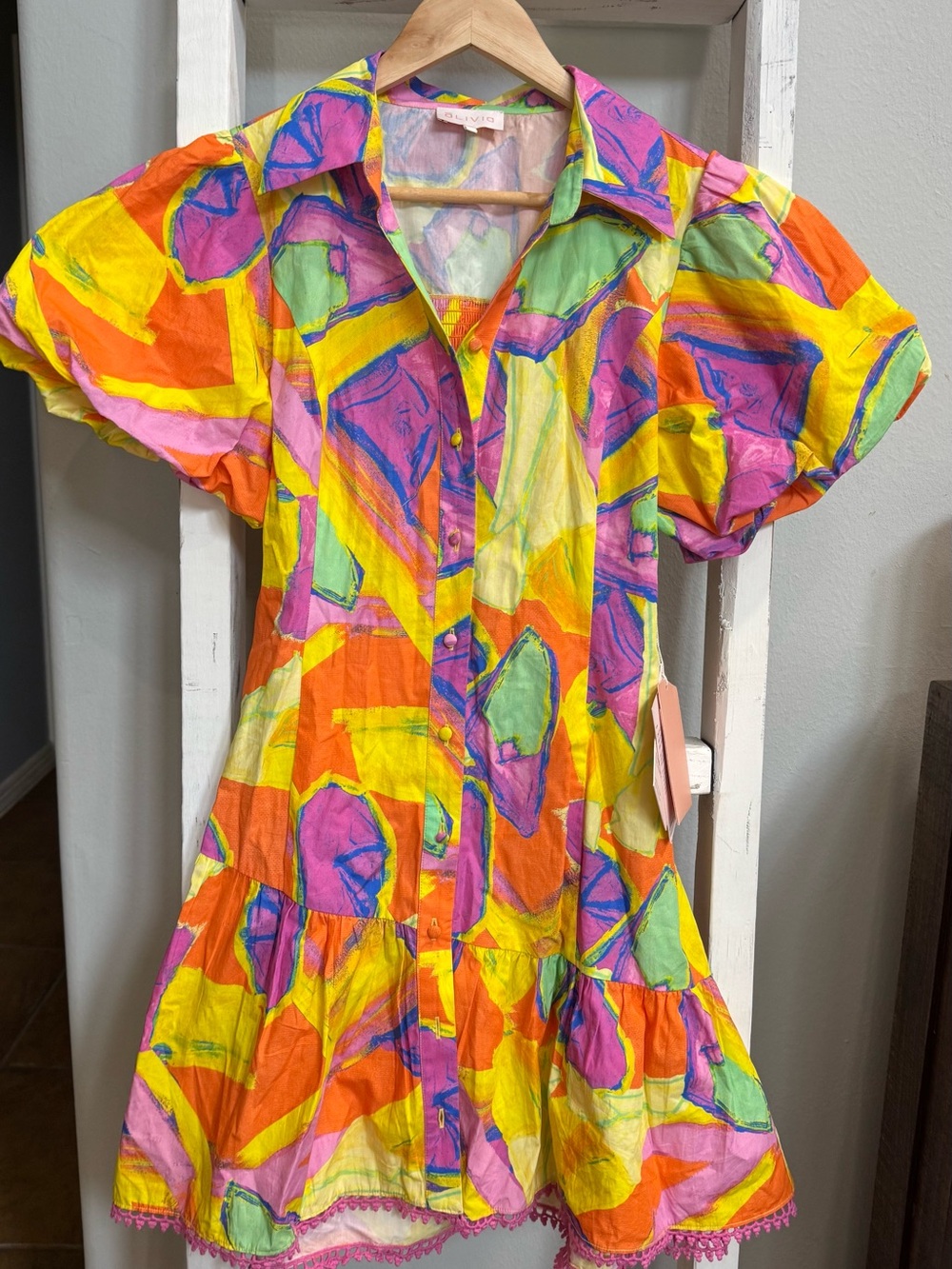 Bright Abstract Print Cotton Button-Front Dress - Yellow/Pink/Orange